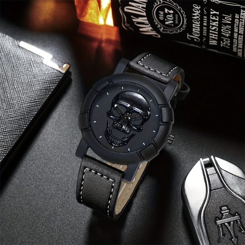 Leather Watch Band Men - Skull Pattern Multi Display Pointer Round