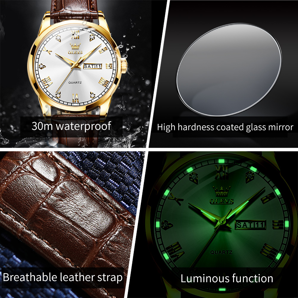 OLEVS 6896 Top Brand Men Quart - مراجعة Leather Watch Band Men وسعره